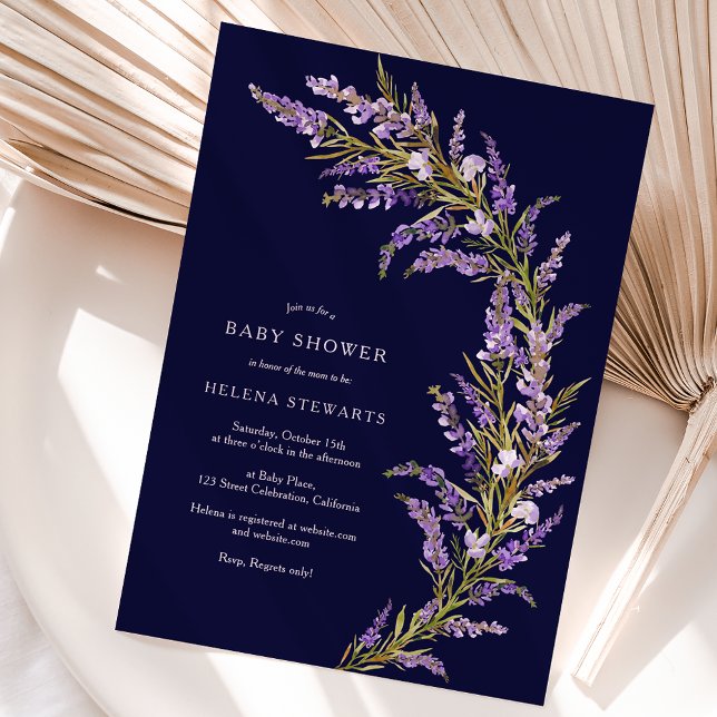 Invitation Baby shower d'aquarelle fleurie Lavender Fall (Lavender Fall floral watercolor baby shower Invitation on navy blue)