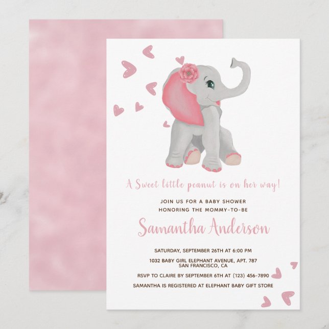 Invitation Baby shower d'aquarelle fleurie rose joli Eléphant (Devant / Derrière)