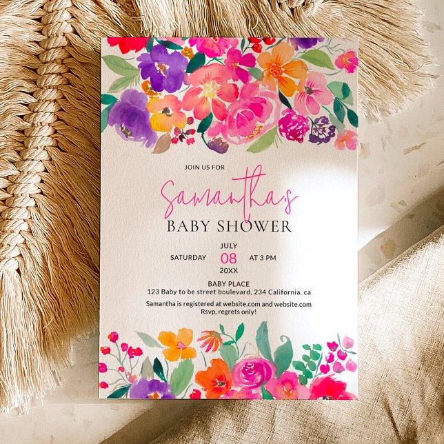 Invitation Baby shower d'aquarelle fleurie rose vif (Bold bright pink floral watercolor baby shower invitation)