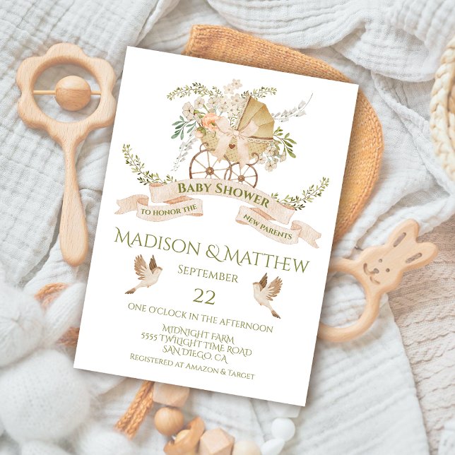 Invitation Baby shower d'aquarelle Floral Baby Carriage (Créateur téléchargé)