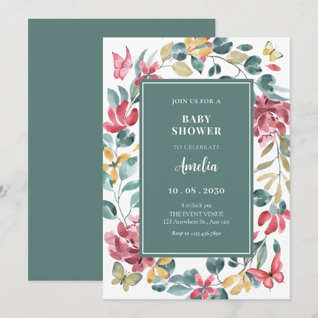 Invitation Baby shower d'aquarelle florale (Devant / Derrière)
