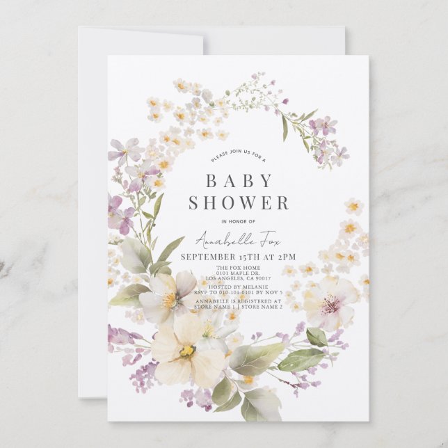 Invitation Baby shower d'aquarelle florale blanc et violet (Devant)
