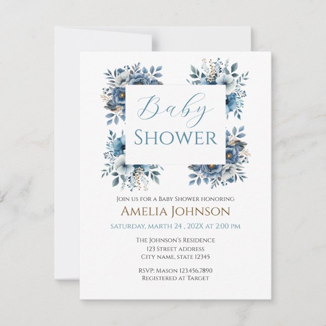Invitation Baby shower d'aquarelle Florale bleu moderne (Devant)