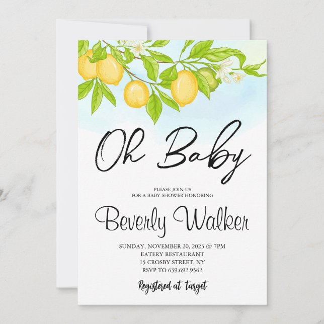 Invitation Baby shower d'aquarelle florale citrons jaune bleu (Devant)
