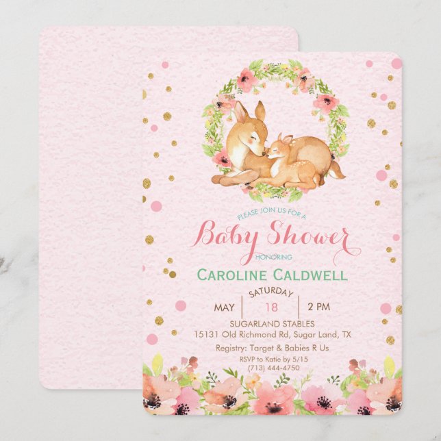 Invitation Baby shower d'aquarelle florale de cerf (Devant / Derrière)