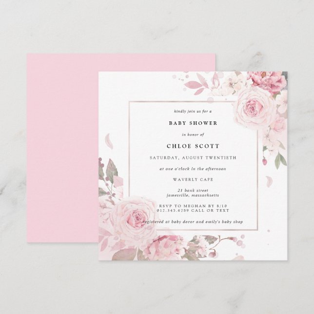 Invitation Baby shower d'aquarelle florale rose (Devant / Derrière)