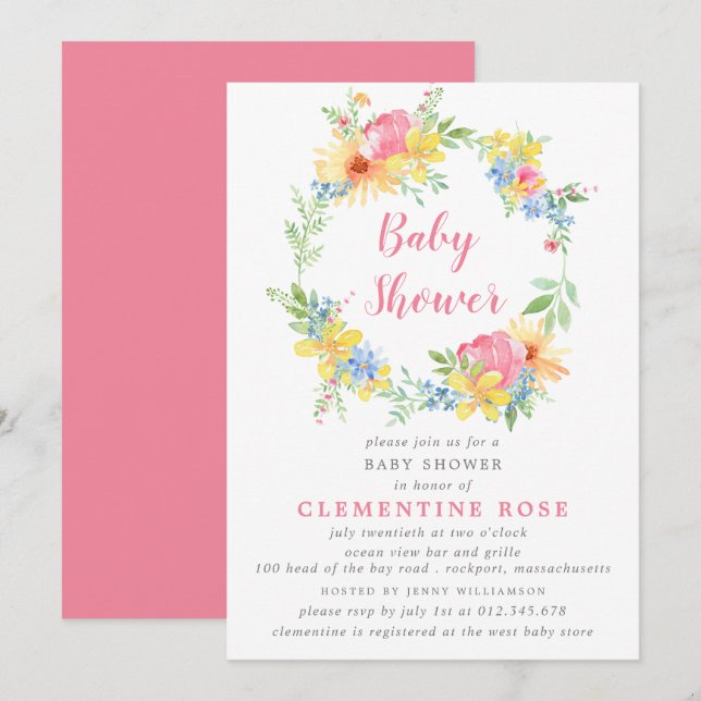 Invitation Baby shower d'aquarelle florale rose été brillant (Devant / Derrière)