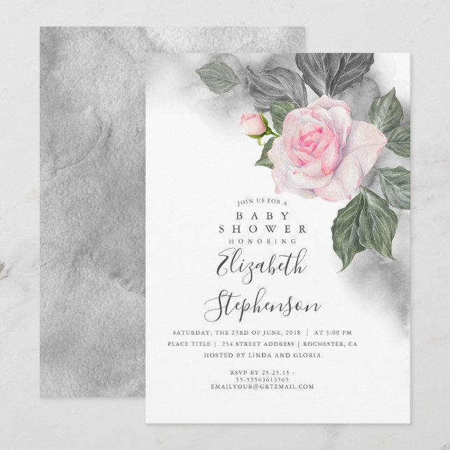 Invitation Baby shower d'aquarelle gris et rose (Devant / Derrière)