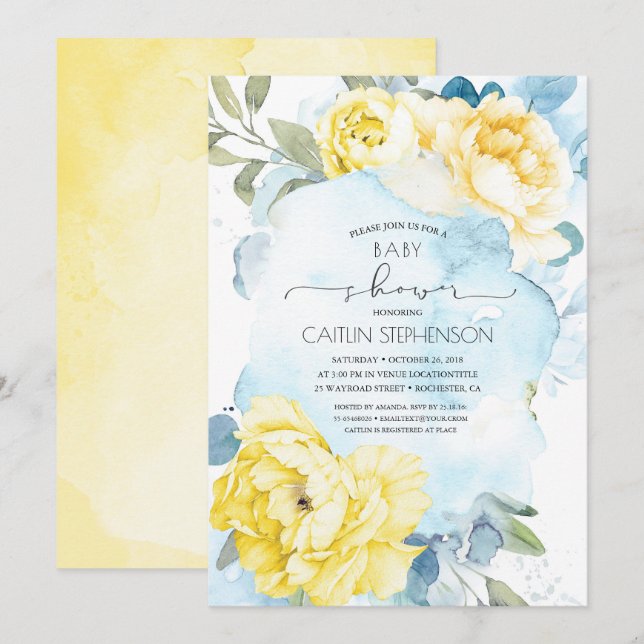 Invitation Baby shower d'aquarelle jaune et bleu (Devant / Derrière)