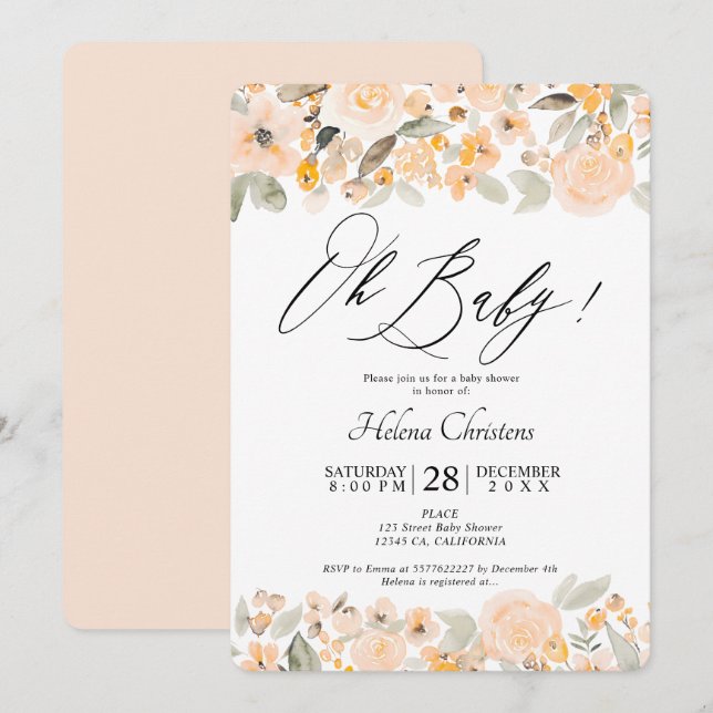 Invitation Baby shower d'aquarelle jaune orangé (Devant / Derrière)