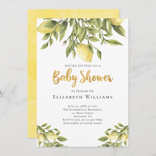 Invitation Baby shower d'aquarelle Lemons Greenery (Devant / Derrière)