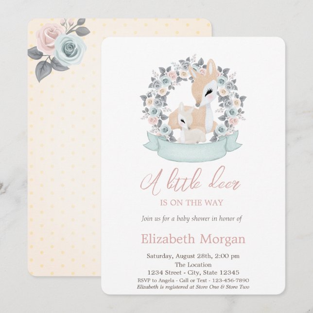 Invitation Baby shower d'aquarelle Little Deer Flowers (Devant / Derrière)