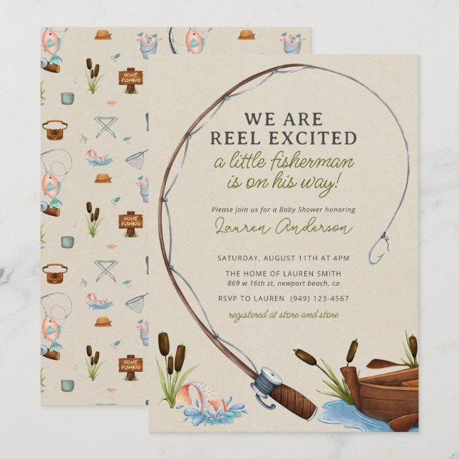 Invitation Baby shower d'aquarelle Little Fisherman Adventure (Devant / Derrière)