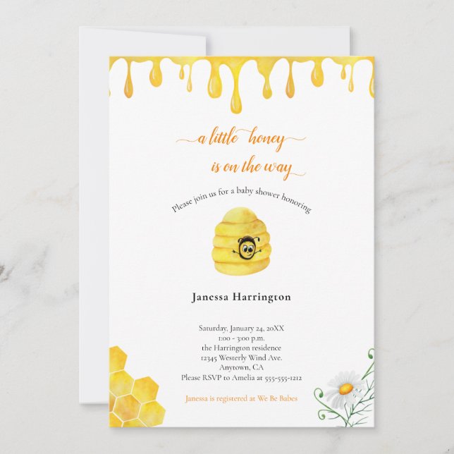 Invitation Baby shower d'aquarelle Little Honey Bee (Devant)
