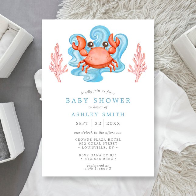 Invitation Baby shower d'aquarelle marine du crabe (Créateur téléchargé)