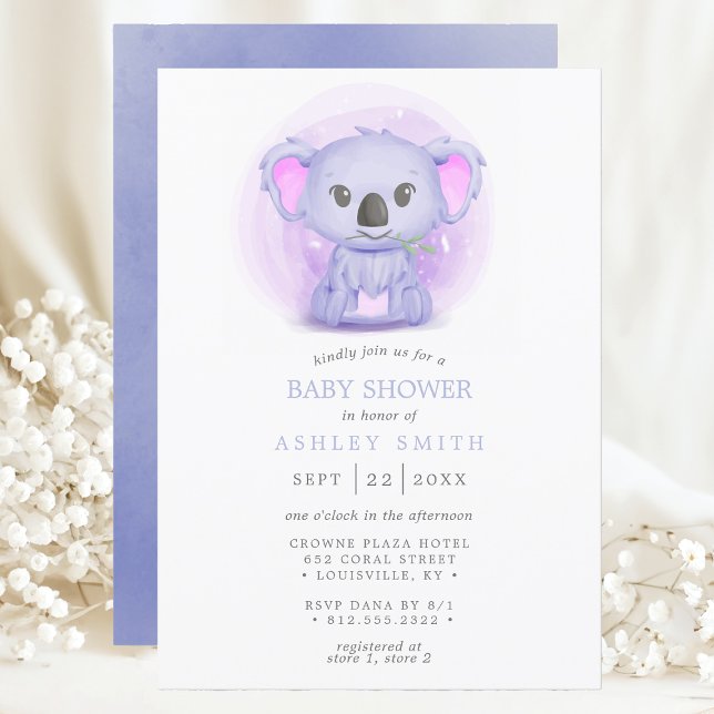 Invitation Baby shower d'aquarelle mauve Koala mignonne Whims (Créateur téléchargé)