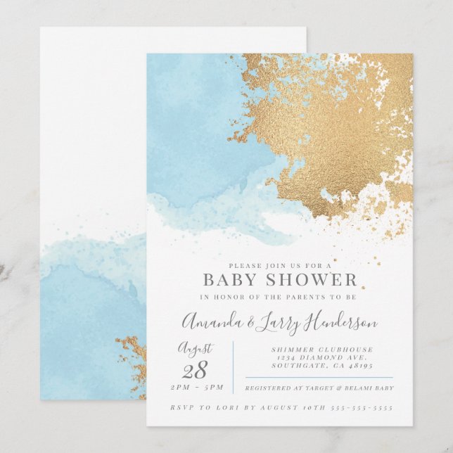 Invitation Baby shower d'aquarelle moderne bleu et or (Devant / Derrière)