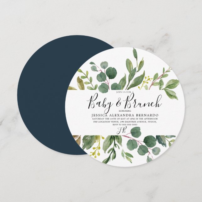 Invitation Baby shower d'aquarelle moderne en feuilles vertes (Devant / Derrière)