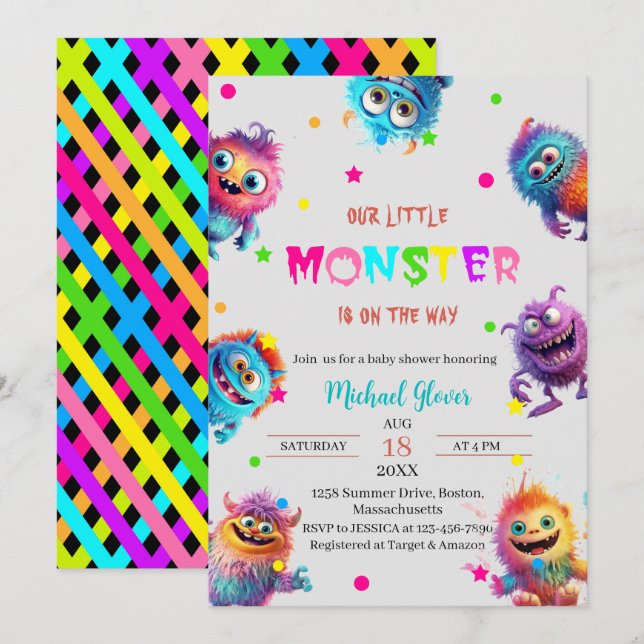 Invitation Baby shower d'aquarelle moderne Little Monsters In (Devant / Derrière)