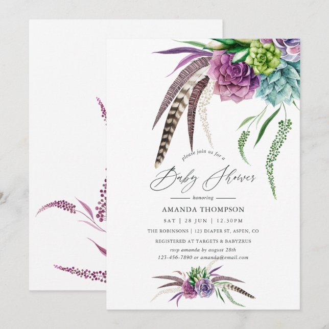 Invitation Baby shower d'aquarelle mystique Boho (Devant / Derrière)