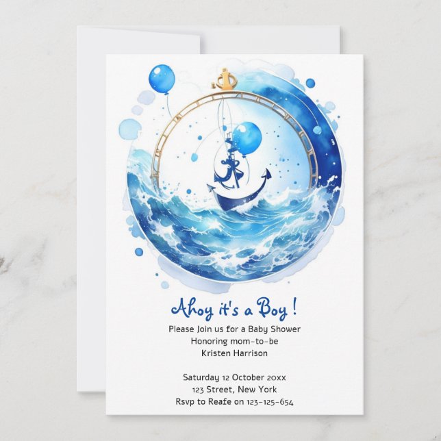 Invitation Baby shower d'aquarelle nautique aventure du garço (Devant)