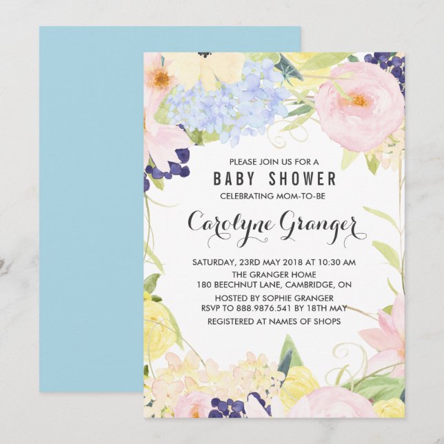 Invitation Baby shower d'aquarelle Pastel Spring Flowers (Devant / Derrière)