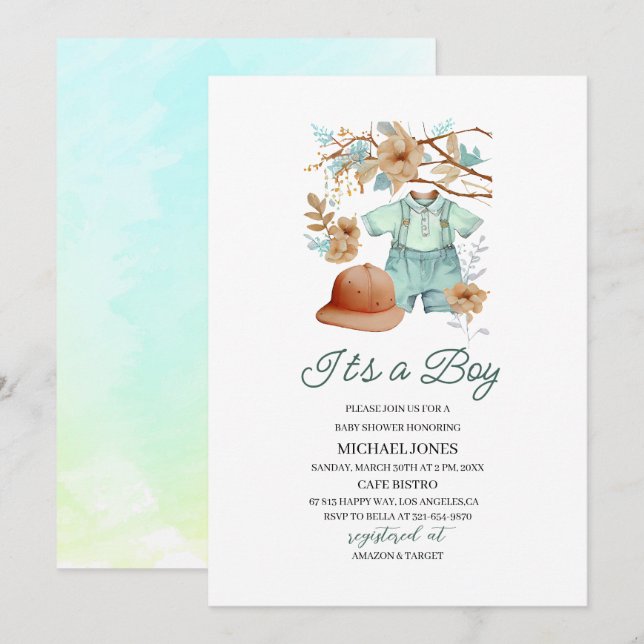 Invitation Baby shower d'aquarelle pour bébé linge de garçon (Devant / Derrière)