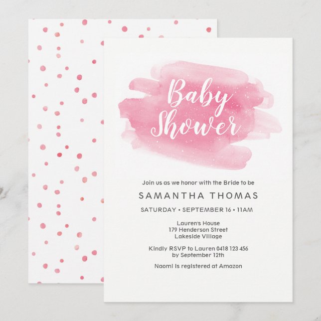 Invitation Baby shower d'aquarelle rose (Devant / Derrière)