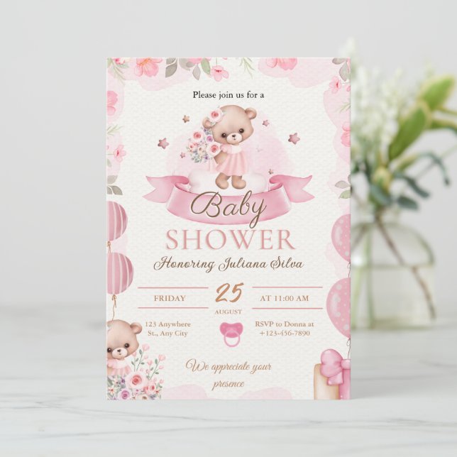 Invitation Baby shower d'aquarelle rose (Debout devant)
