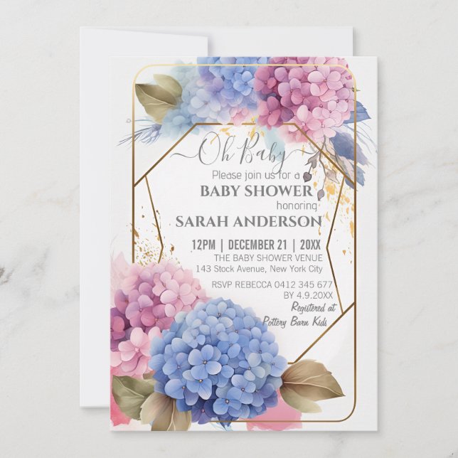 Invitation Baby shower d'aquarelle rose bleu Hydrangea (Devant)