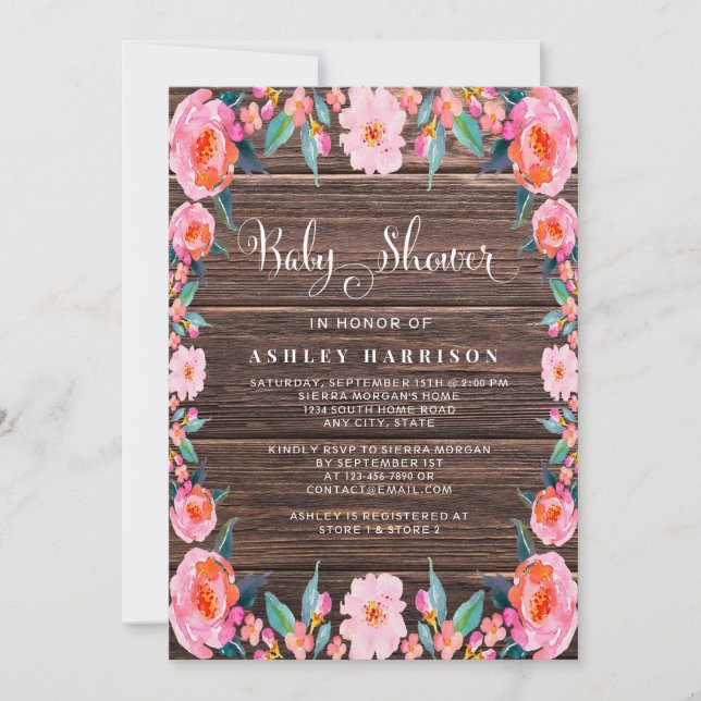 Invitation Baby shower d'aquarelle rose bois rustique (Devant)