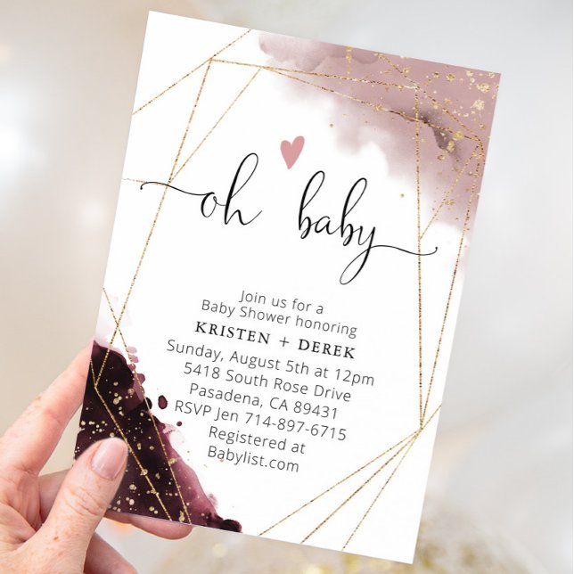 Invitation Baby shower d'aquarelle Rose bordeaux et poussiére (Créateur téléchargé)