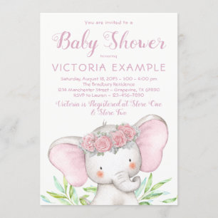 Invitation Baby shower d'aquarelle rose de Girl Elephant