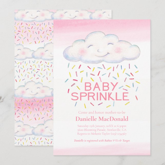 Invitation Baby shower d'aquarelle rose des bonbons (Devant / Derrière)