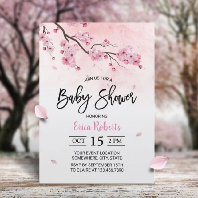 Invitation Baby shower d'aquarelle rose fleurs cerise (Créateur téléchargé)