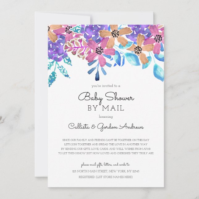 Invitation Baby shower d'aquarelle rose orange florale par co (Devant)