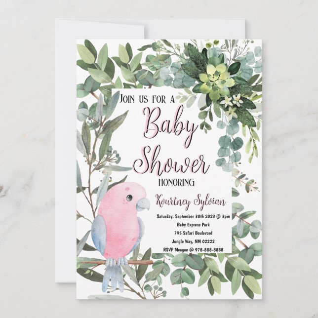 Invitation Baby shower d'aquarelle rose Parakeet Bird (Devant)