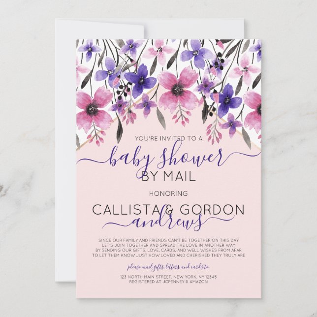 Invitation Baby shower d'aquarelle rose violet par courrier (Devant)