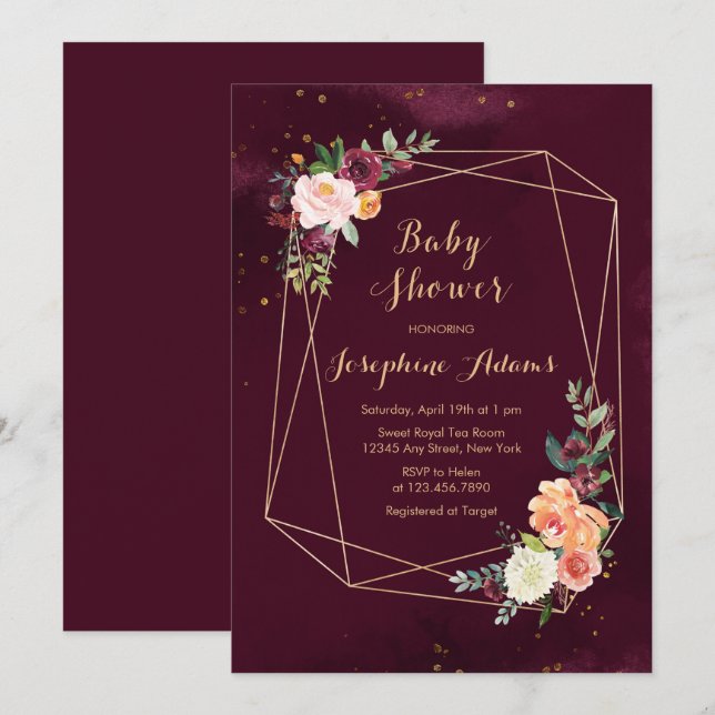 Invitation Baby shower d'aquarelle rouge de Bourgogne (Devant / Derrière)