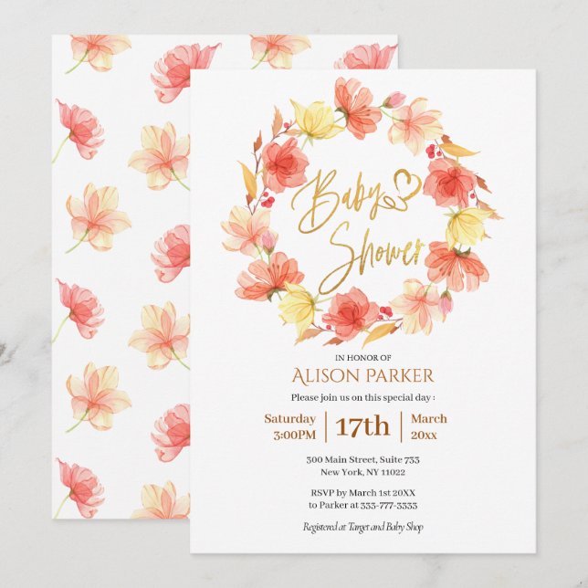 Invitation Baby shower d'aquarelle rouge or fleuri (Devant / Derrière)