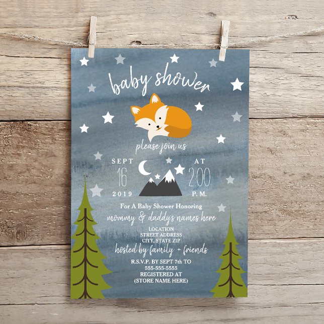 Invitation Baby shower d'aquarelle Sleepy Fox Mountains (Créateur téléchargé)