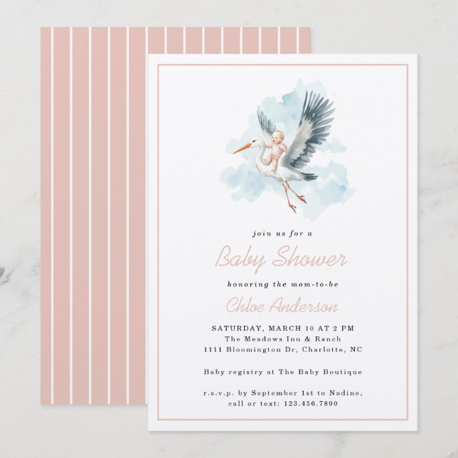 Invitation Baby shower d'aquarelle Stork Rose Baby Girl (Devant / Derrière)