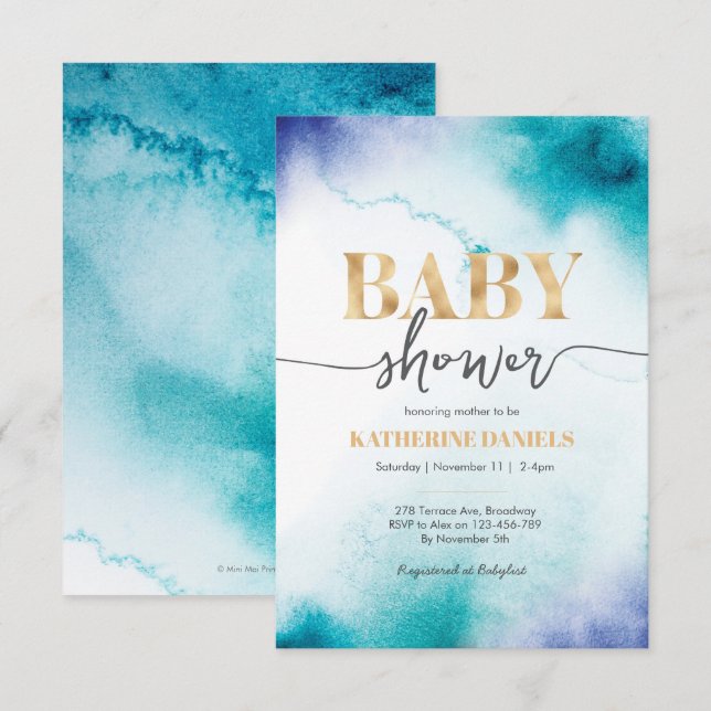 Invitation Baby shower d'aquarelle turquoise (Devant / Derrière)