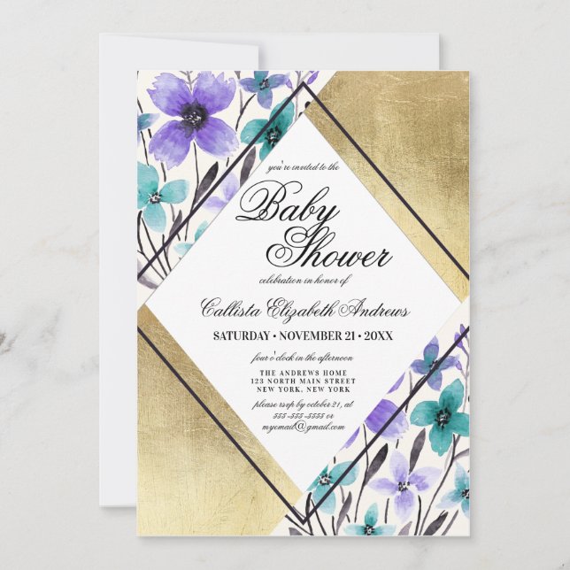 Invitation Baby shower d'aquarelle Turquoise violet or (Devant)