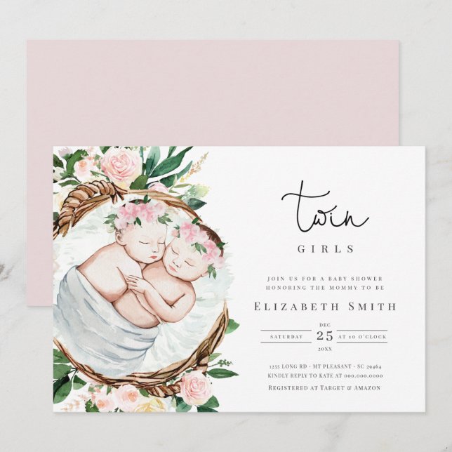 Invitation Baby shower d'aquarelle Twins Pink Florals (Devant / Derrière)