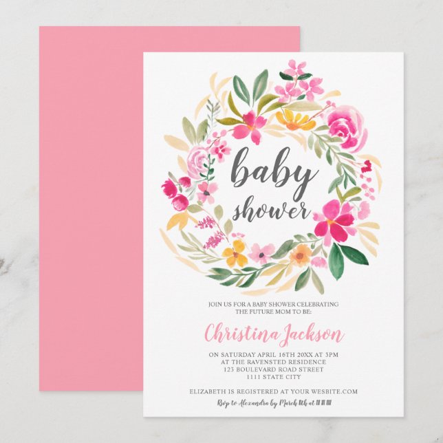 Invitation Baby shower d'aquarelle vert rose (Devant / Derrière)
