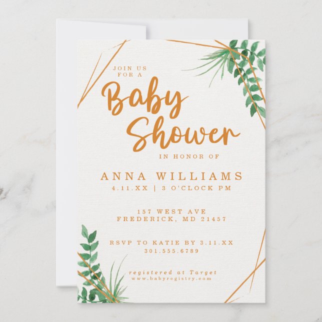 Invitation Baby shower d'aquarelle verte et or (Devant)