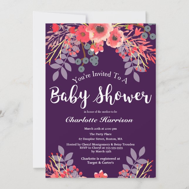 Invitation Baby shower d'aquarelle violet à bijou (Devant)