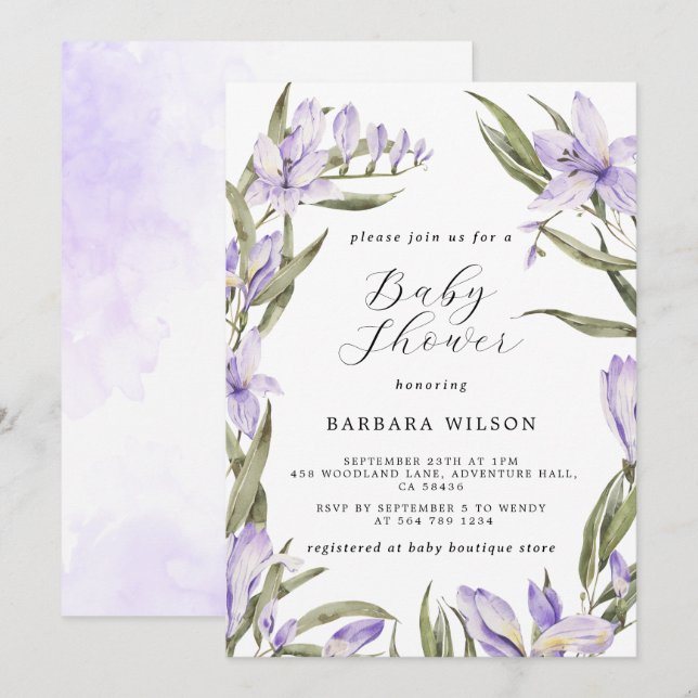 Invitation Baby shower d'aquarelle violet de végétation fleur (Devant / Derrière)