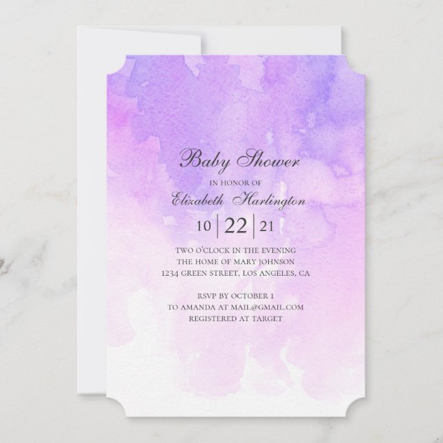 Invitation Baby shower d'aquarelle violet. Lavande moderne (Devant)